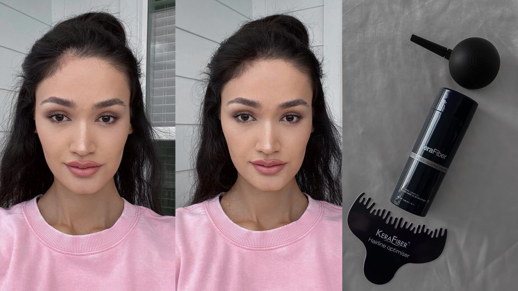 Woman before and after using KeraFiber Hair Building Fibers.
